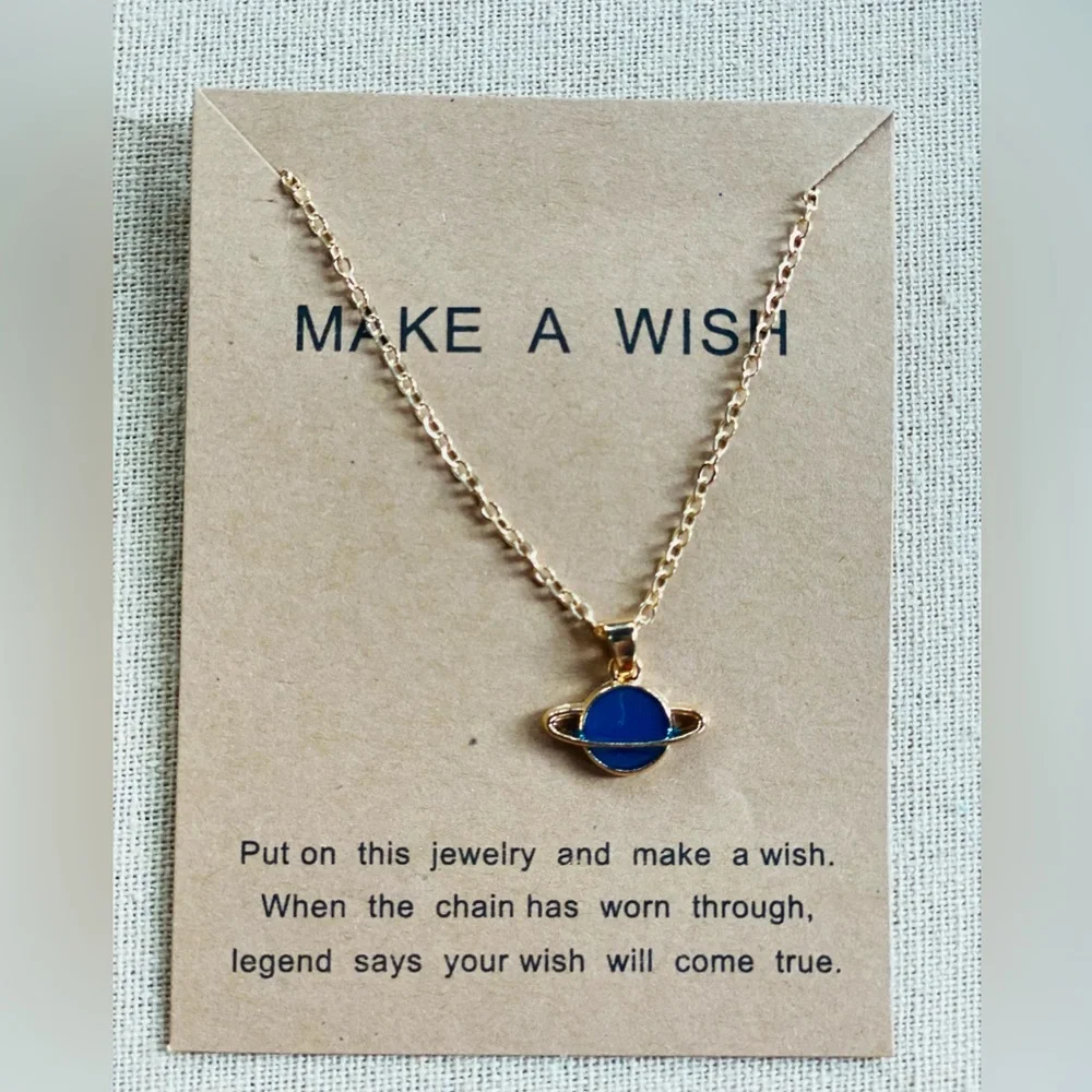 Planet Saturn Necklace ~ outer space w Make a Wish card solar system sky